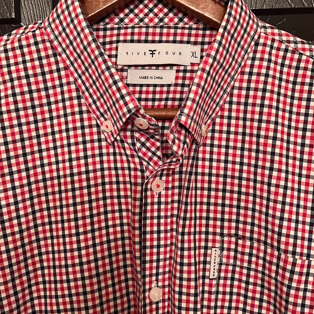 Red white and blue men’s button down from FIVE FOUR